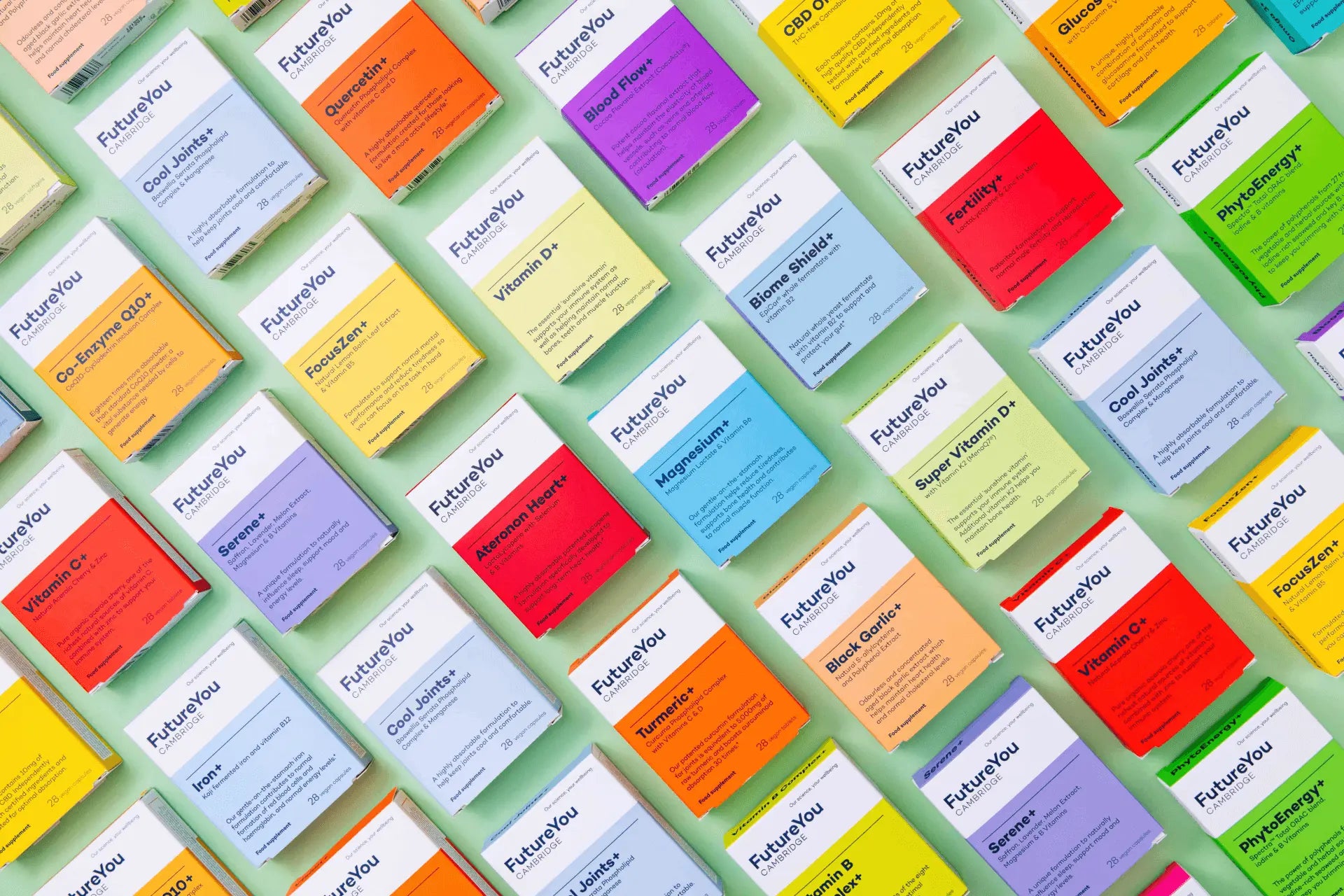 FutureYou supplement boxes on a green background